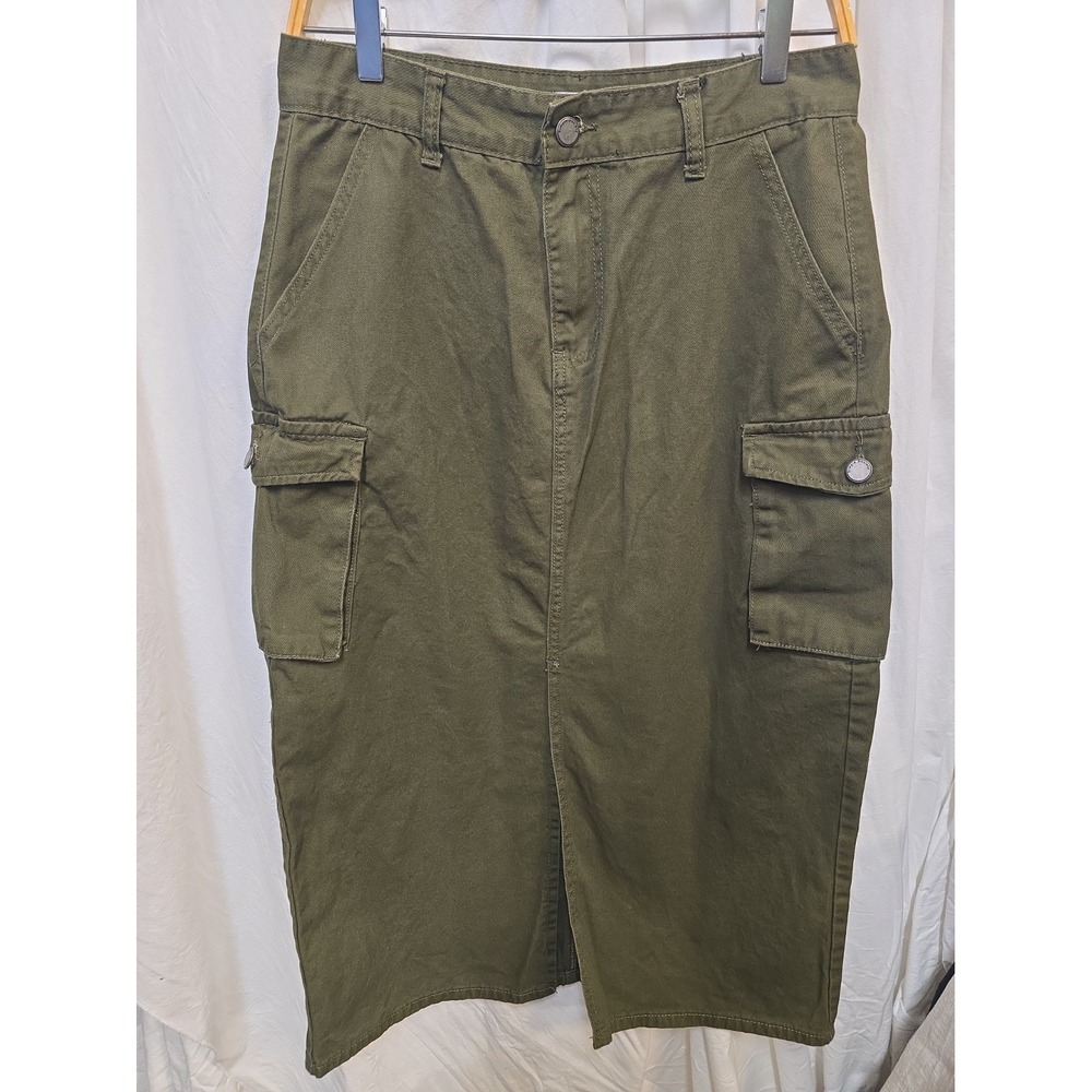 Simple Society Y2K Olive Green Cargo Maxi Skirt Utility Military Streetwear L - Picture 3 of 6